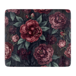 Planche À Découper Moody Florals Watercolor Dark Red Pattern
