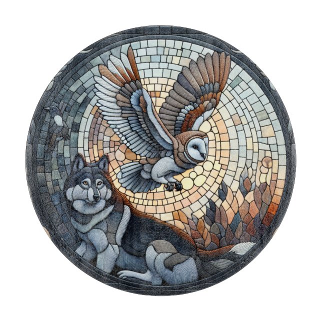 Planche À Découper Mosaïque de hibou et de loup Ai Art (Devant)