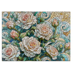 Planche À Découper Mosaïque de roses blanches en verre teinté