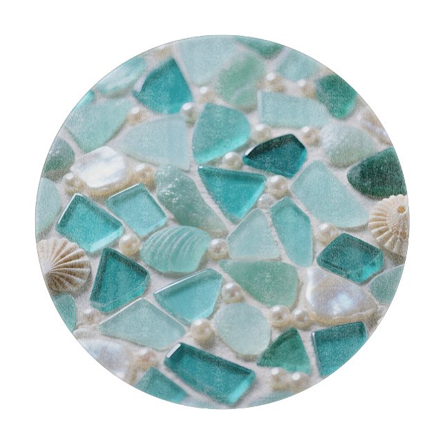 Planche À Découper Mosaïque de verre de mer Charme côtier turquoise (Devant)