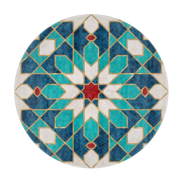 Planche À Découper Mosaïque marocaine en marbre bleu blanc rouge  (Devant)