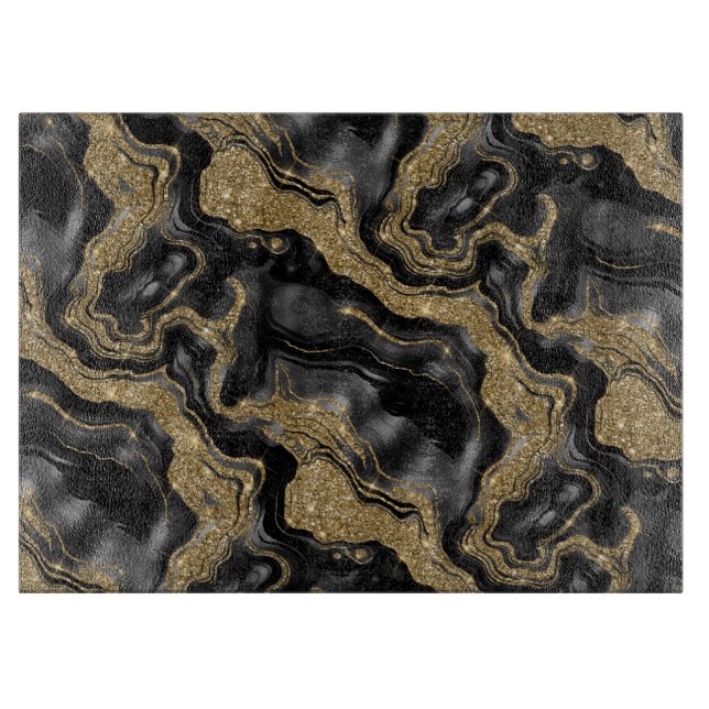 Planche À Découper Motif agate pailleté noir et or élégant (Devant)