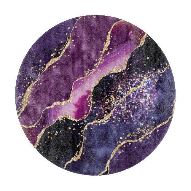 Planche À Découper Motif agate pailleté violet, rose et or (Devant)
