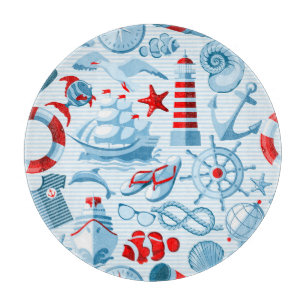 Planche À Découper Motif blanc et bleu rouge nautique