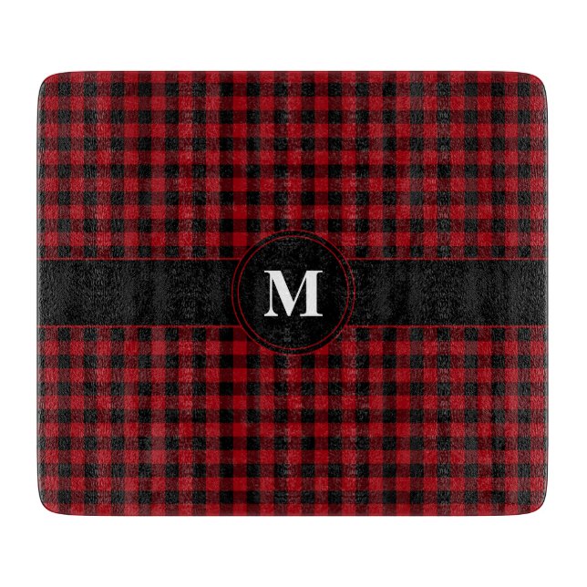 Planche À Découper Motif carreaux rouge monogramme moderne (Devant)