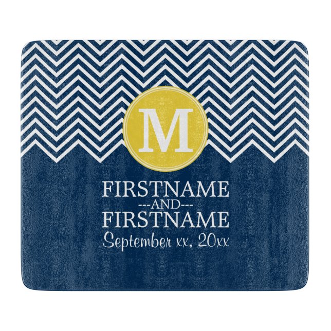 Planche À Découper Motif Chevron Navy et Blanc Monogramme Personnalis (Devant)