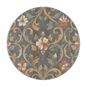 Planche À Découper Motif damassé floral crème orange à enroulement or