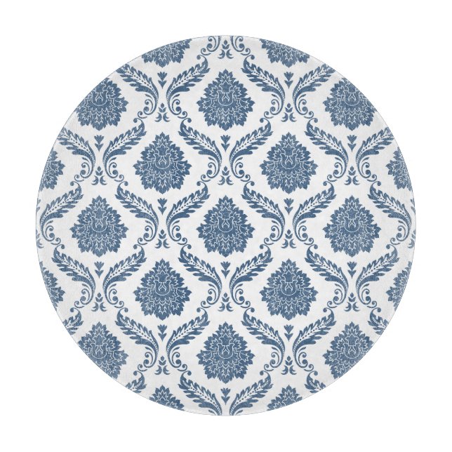 Planche À Découper Motif Damassé Rococo Bleu sur Fond Blanc (Devant)