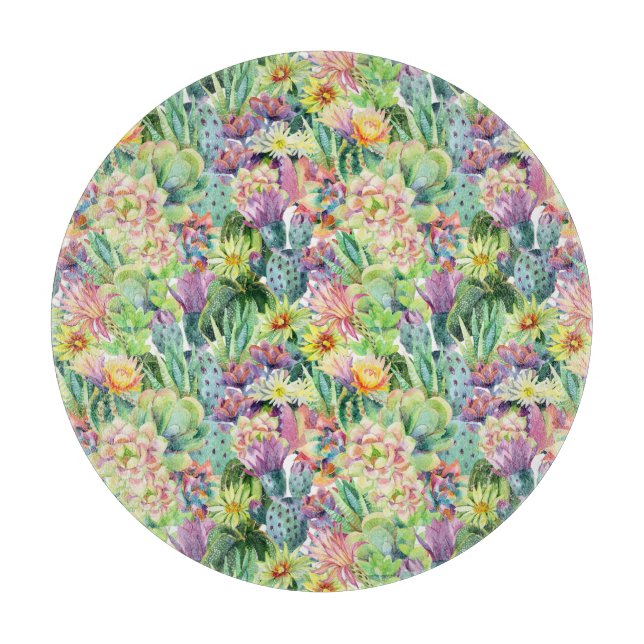Planche À Découper Motif de cactus d'aquarelle en fleurs exotiques (Devant)