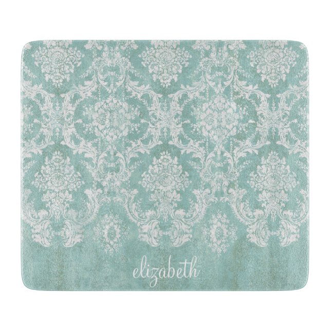 Planche À Découper Motif de Damas Vintage bleu glace avec finition gr (Devant)