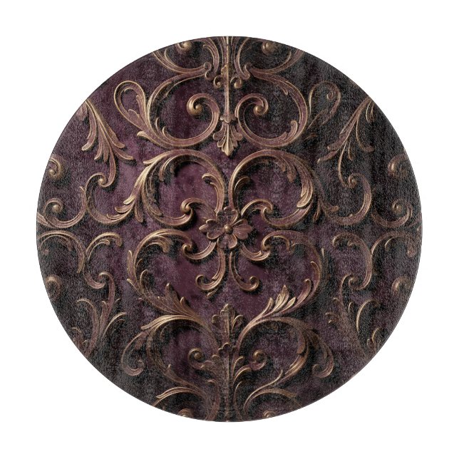 Planche À Découper Motif de défilement baroque orné violet profond or (Devant)