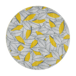 Planche À Découper Motif de feuilles gris et jaune.