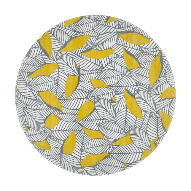 Planche À Découper Motif de feuilles gris et jaune. (Devant)