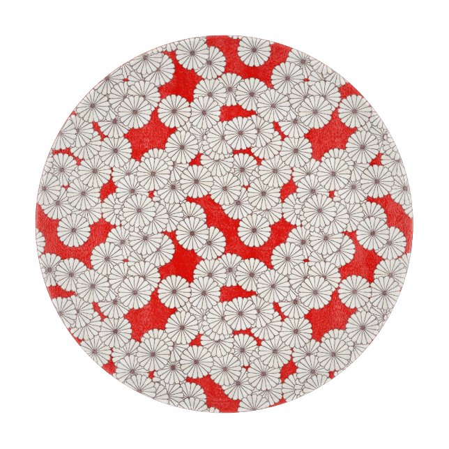 Planche À Découper Motif de fleurs Art déco - crème sur rouge (Devant)