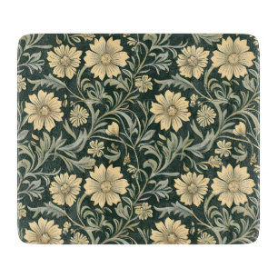 Planche À Découper Motif de fleurs jaunes stylisées vert foncé 