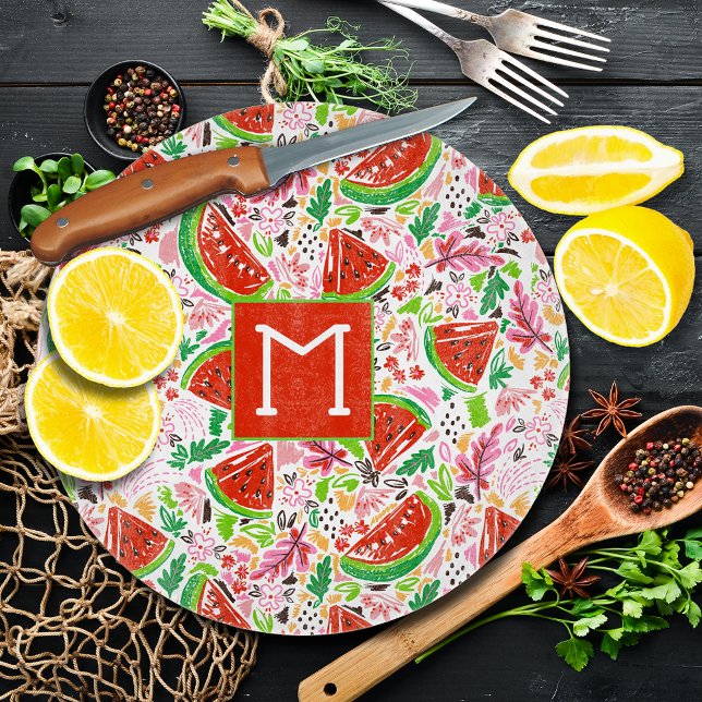 Planche À Découper Motif de fruits peint à la main (Hand-Painted Summer Fruit Watermelon Pattern Round Glass Cutting Board)