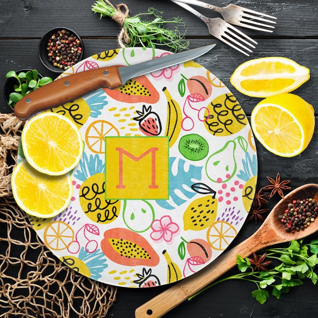 Planche À Découper Motif de fruits peint à la main (Hand Painted Summer Fruit Pattern Round Glass Cutting Board)