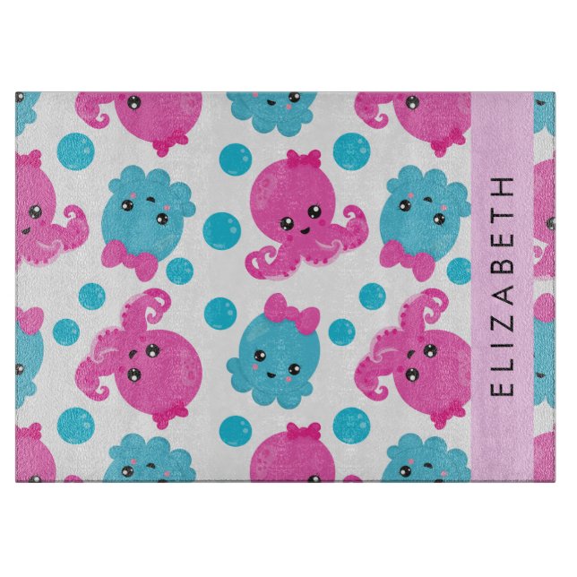 Planche À Découper Motif de pieuvre, Pieuvre mignonne, Mer, Votre Nom (Devant)