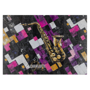 Planche À Découper Motif de saxophone coloré monogramme nom