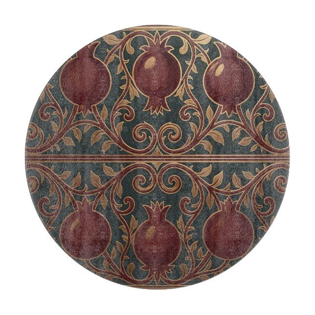 Planche À Découper Motif de vigne de grenade vert foncé orné or (Devant)
