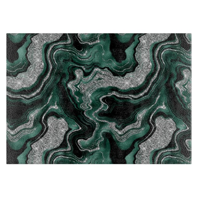 Planche À Découper Motif élégant d'agate vert et paillettes argentées (Devant)