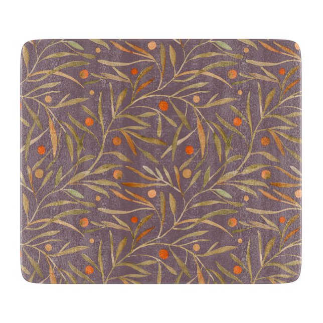 Planche À Découper Motif élégant de feuille à l'aquarelle  Fond viole (Devant)