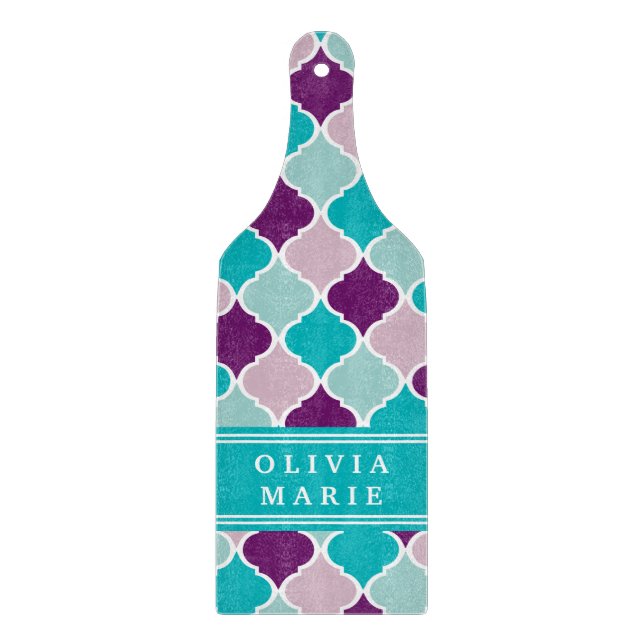 Planche À Découper Motif en treillis violet et turquoise avec nom (Devant)