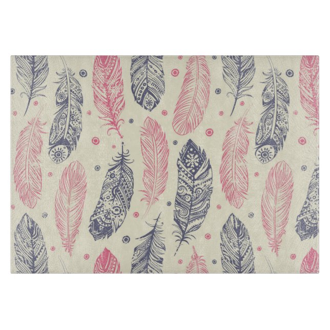 Planche À Découper Motif Ethnique De Plumes Rose Et Violet (Devant)