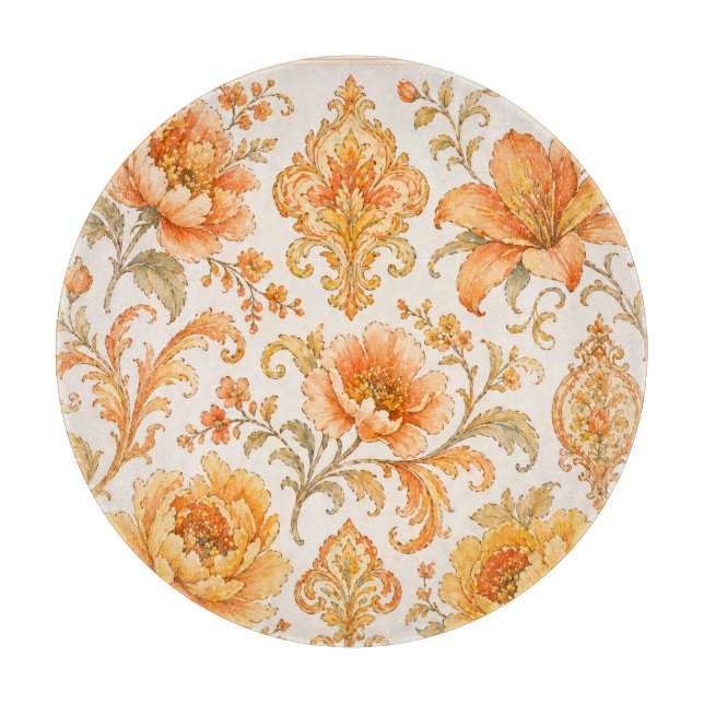 Planche À Découper Motif Floral Baroque Vintage – Orange Chaud / Or (Devant)