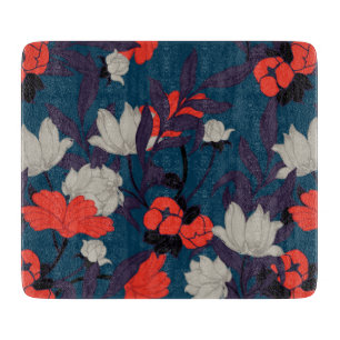 Planche À Découper Motif floral bleu et rouge élégant