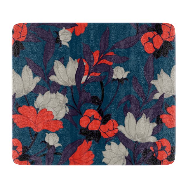 Planche À Découper Motif floral bleu et rouge élégant (Devant)