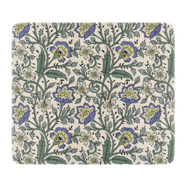 Planche À Découper Motif floral bleu, jaune et blanc continu  (Devant)