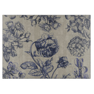 Planche À Découper Motif floral botanique toile bleue vintage antique