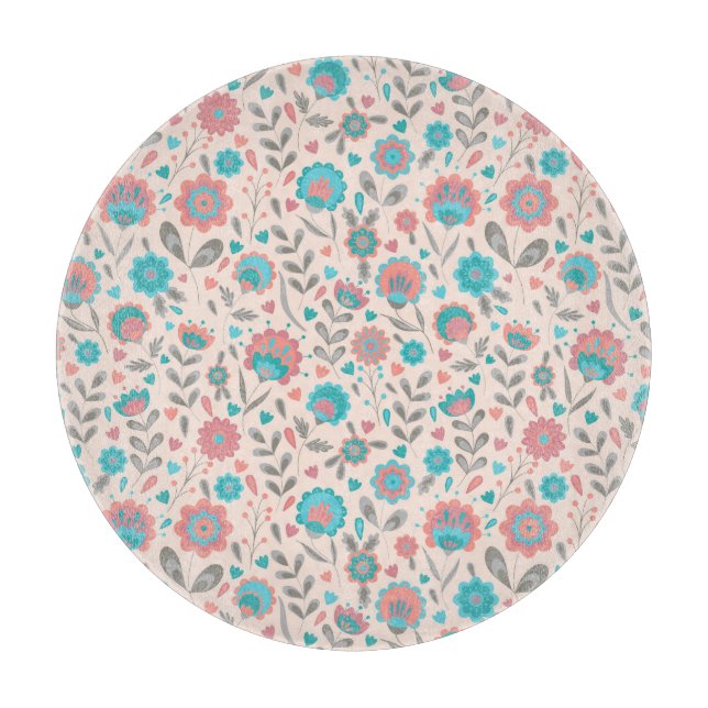 Planche À Découper Motif floral d'art populaire turquoise et de (Devant)