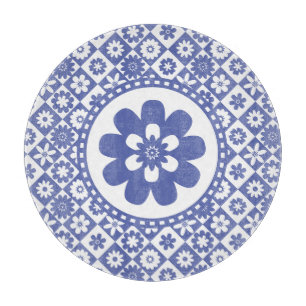 Planche À Découper Motif floral de contrôle bleu et blanc de ferme de