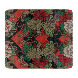Planche À Découper Motif floral japonais vintage pivoine rouge noir