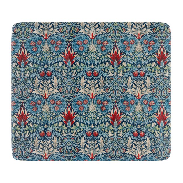 Planche À Découper Motif floral sur fond bleu de feuilles vertes (Devant)