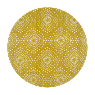 Planche À Découper Motif géométrique ethnique : jaune doré, blanc