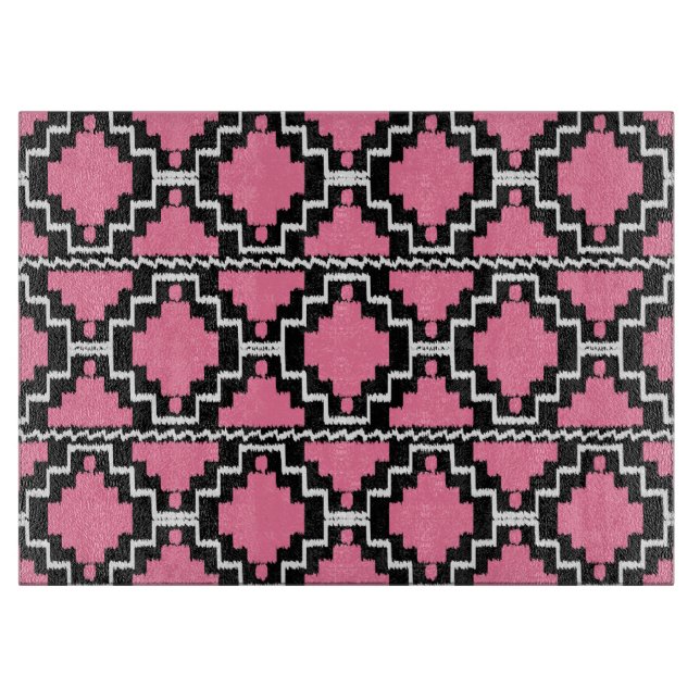 Planche À Découper Motif Ikat Aztec - Fuchsia rose, noir et blanc (Devant)