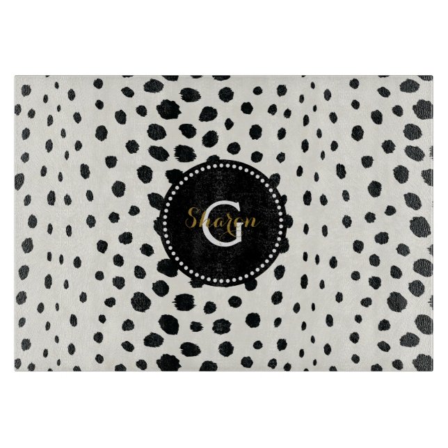 Planche À Découper Motif imprimé guépard noir blanc chic monogramme (Devant)