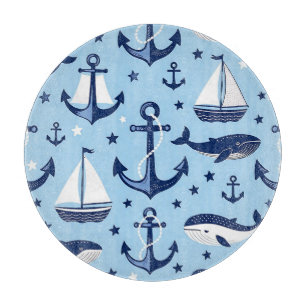 Planche À Découper Motif nautique Baleines Ancres Voiliers