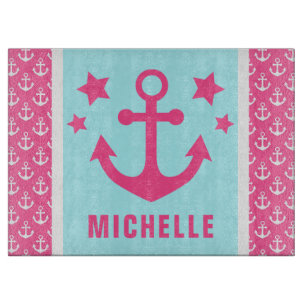 Planche À Découper Motif nautique d'ancres roses et bleues