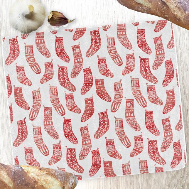 Planche À Découper Motif norvégien des restes de Noël (Nordic Stockings red and white Scandinavian festive Christmas pattern cutting board)
