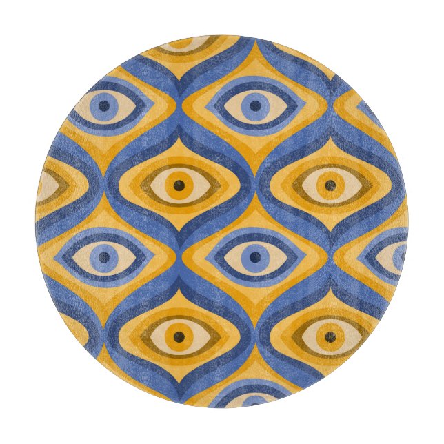 Planche À Découper Motif oculaire psychédélique indigo bleu jaune (Devant)