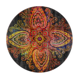Planche À Découper Motif Paisley Multicolore sur Noir 002