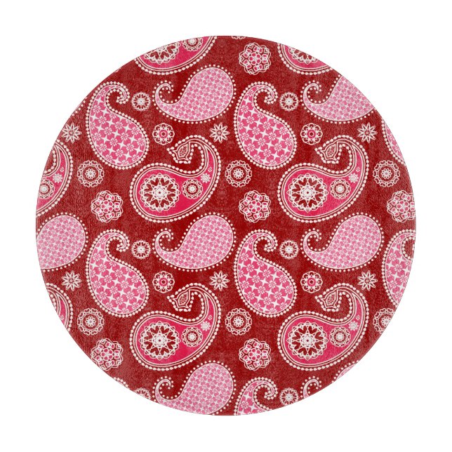 Planche À Découper Motif Paisley, rouge foncé, rose et blanc (Devant)