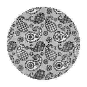 Planche À Découper Motif Paisley, tons gris, noir et blanc