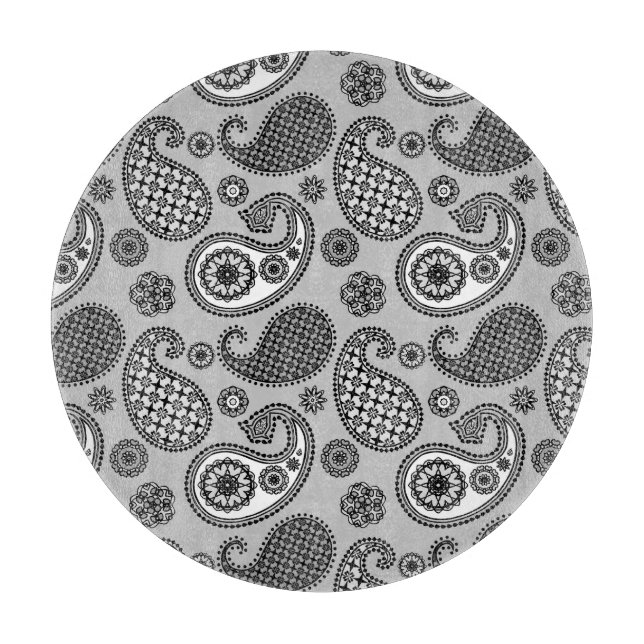 Planche À Découper Motif Paisley, tons gris, noir et blanc (Devant)