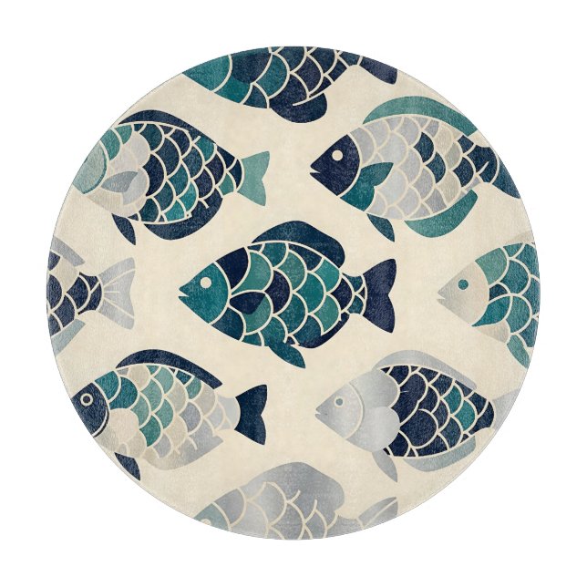 Planche À Découper Motif répétitif de poissons stylisés bleu sarcelle (Devant)