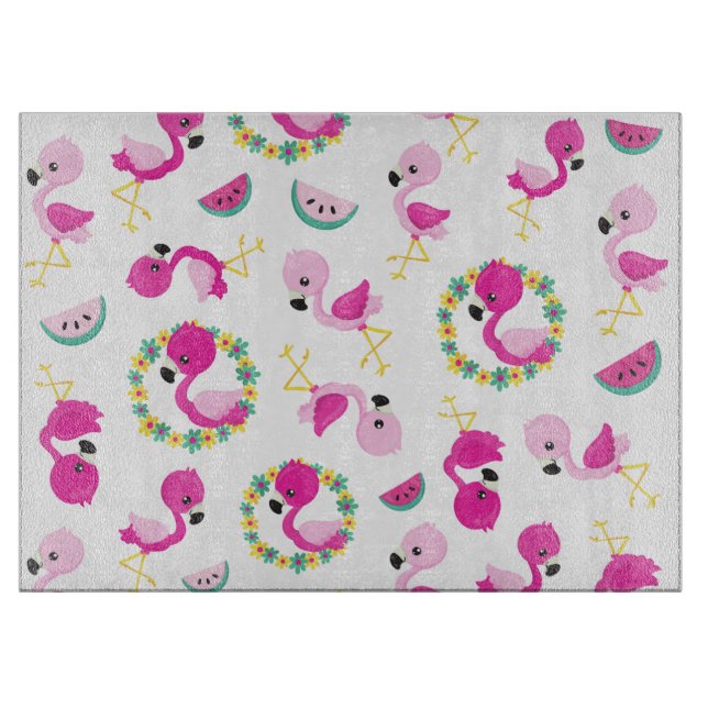 Planche À Découper Motif tropical, Flamants roses, pastèques, Fleurs (Devant)